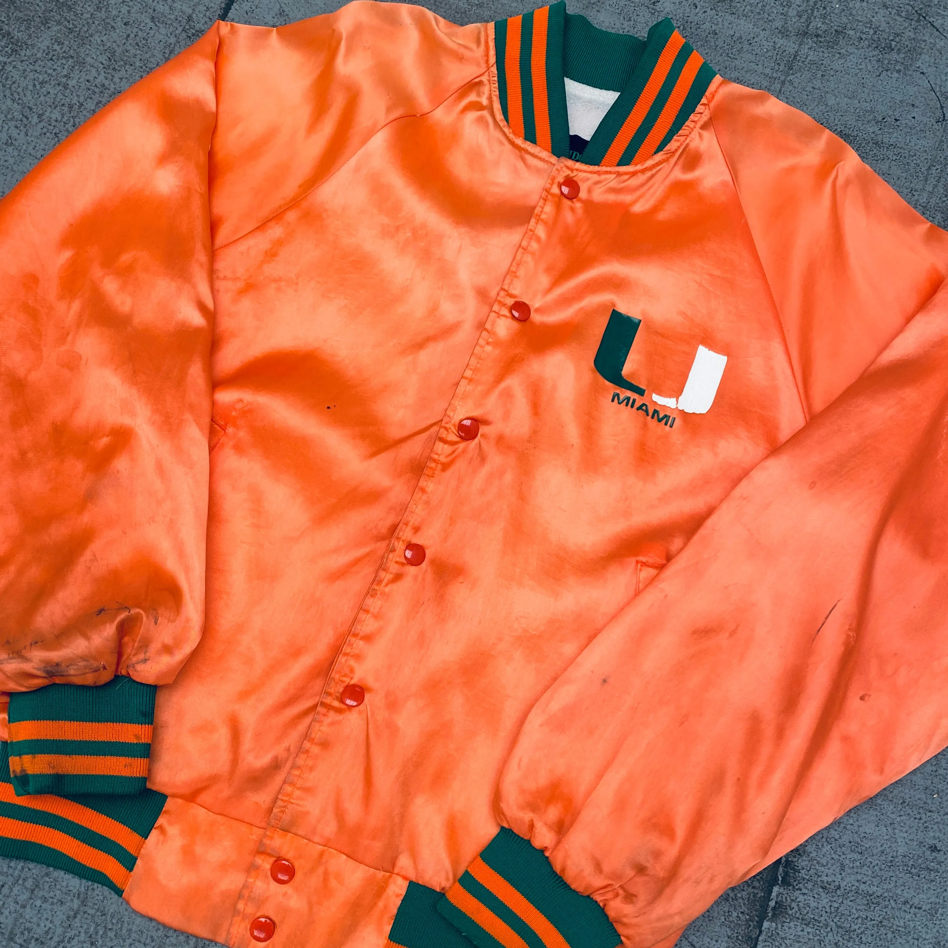 Miami Hurricanes: 1980's Satin Reverse Spellout Bomber Jacket (M)